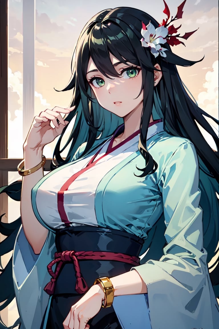 masterpiece, best quality, absurd, 1 girl, black hair, long hair, bangs, green eyes, big breasts, red hanfu, bracelet, hair ornament, yaoyao,