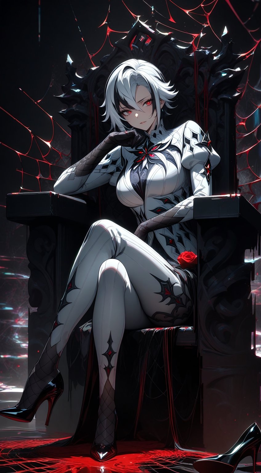 ((failed)), chromatic aberration, red splash, blood, spider web, red spider, (masterpiece), best quality, (masterpiece, top quality, best quality, official art, beautiful and aesthetic: 1.2), extremely detailed, more detailed, arlecchino_\genshin_impact\), 1 girl, alone, mature woman, white hair, black hair, multicolored hair, x-shaped pupils, black eyes, x-shaped eyes, dark red and black background, sitting, legs crossed, pants, Juliet sleeves, headrest, armrest, expressionless, bored, squinting, sitting on throne, legs crossed, high heels, black roses, red roses abstract background, glitch, static noise, glitch background, loom, ( realistic: 0.4)