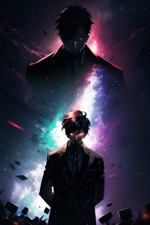 Digital art, detailed character, artwork, solo, 1man, adult man, shadowy figure, dark hair, yelling, , red iris, black suit, red tie, staring, angry,red and black background, dynamic pose, FHD, 8k,adultNishikta,hiro_shishigami,(arm
 robotic),starry