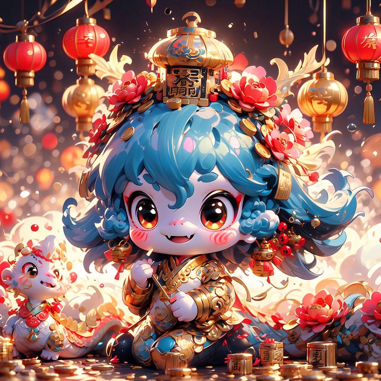  little chinese (boy and girl) nendoroid style (jumping) hold a chinese red packet with a transclucent golden dragon emerges out from the smartphone, splashing of (gold coins) effect. background (miniature red lanterns) on the table。