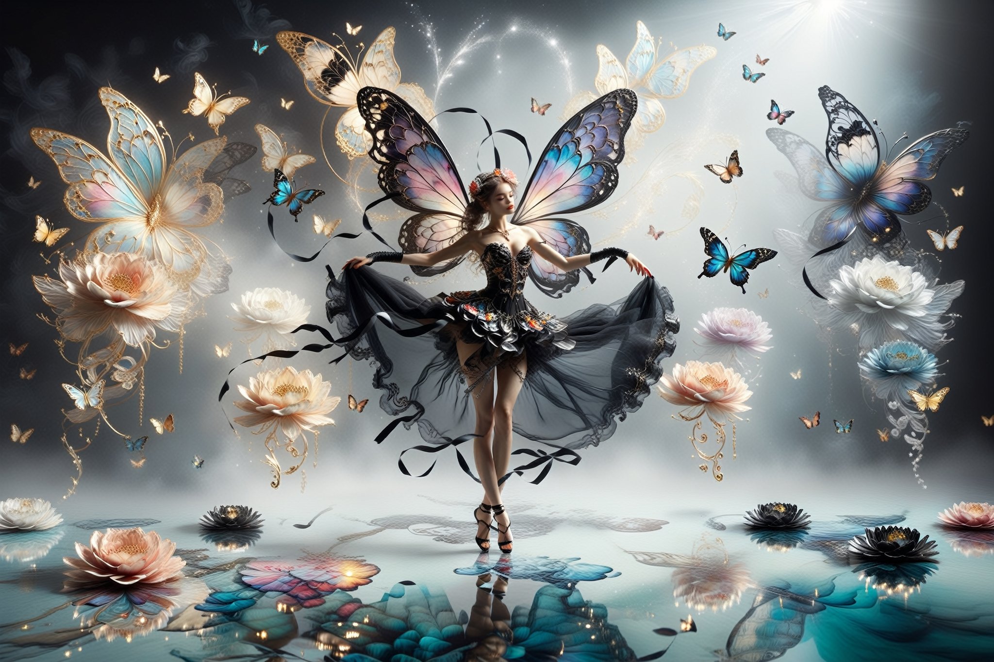  solo fairy dancing, with very butterfly wings, long black complex wavy lolita dress , long legs, two-legs, two-hands , 

a ring of flower as background , dark background , 
water on floor and reflection of the image 
masterpieces , 16K , raw photo , feather , flower rings , complex background 