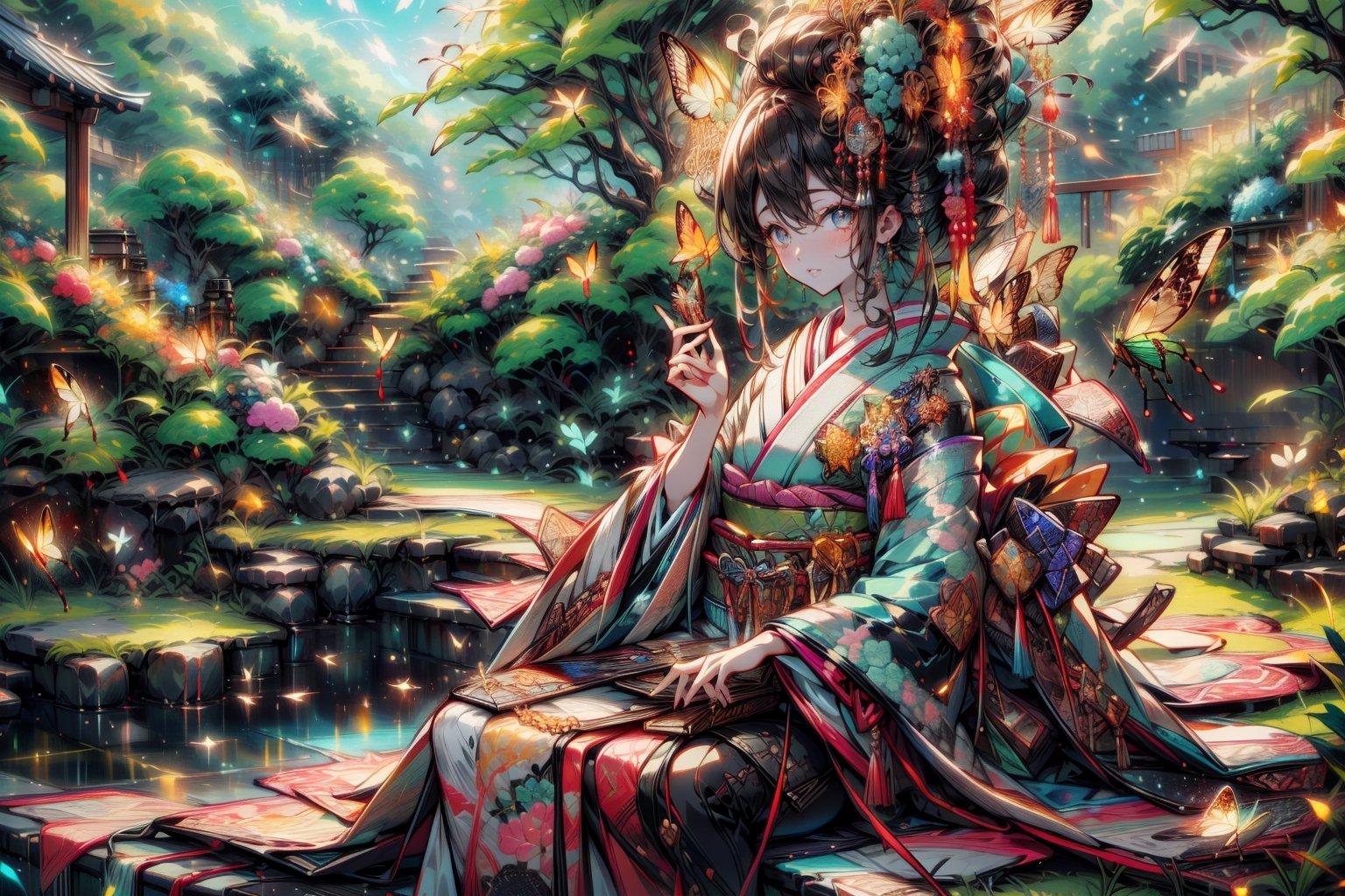 japanese girl in traditional dress, sitting in a garden,Masterpiece , 
 ,photorealistic,firefliesfireflies