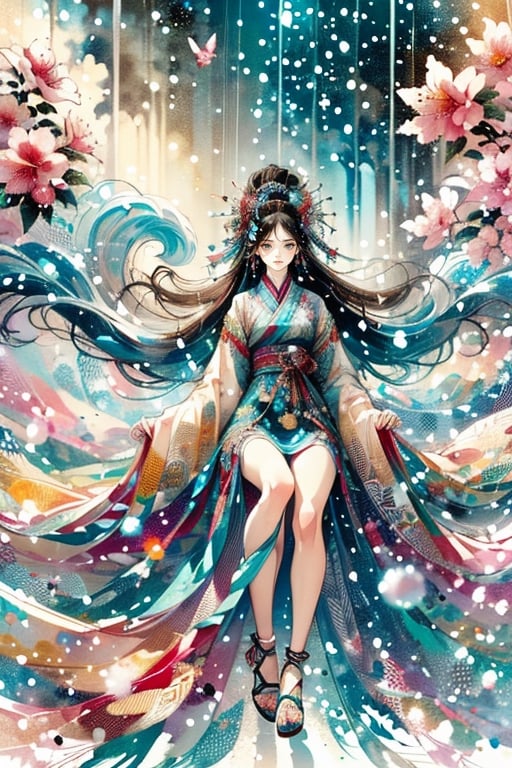 Draw a female character in Chinese style, exuding beauty and solemnity. She has long straight red hair that flows gracefully in the air, adorned with exquisite hair accessories. She exudes an air of indifference as she effortlessly hovers above the ground. She is dressed in elegant colourful chiinese dress with butterfly details , showcasing her beautiful figure and slender legs. Her presence radiates an ethereal aura in the brightly lit environment., 
long wavy dress as tail , sitting in the garden  , paper texture photo , pale white background 
