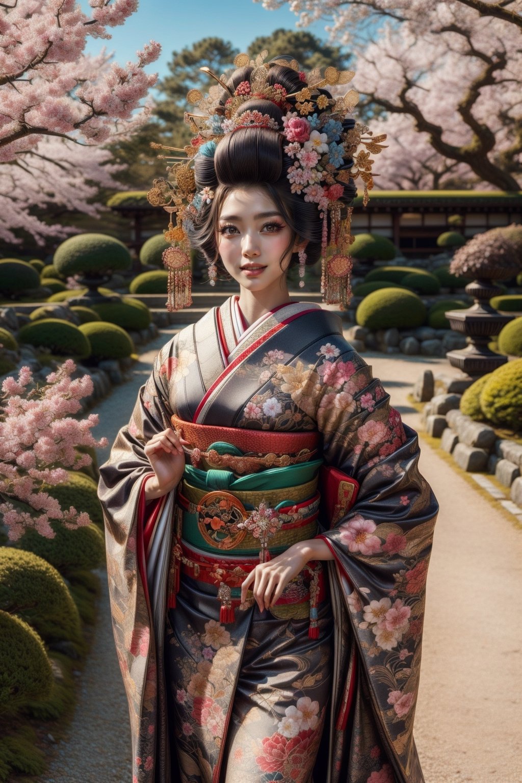 japanese  geisha in one layer red traditional dress with flowers on her hair, gorgeous, garden, walking looking up to the sky, blossom flowers background ,beautful smile, full makeup, big eyes, one belt only
Masterpiece , 
 ,photorealistic,firefliesfireflies