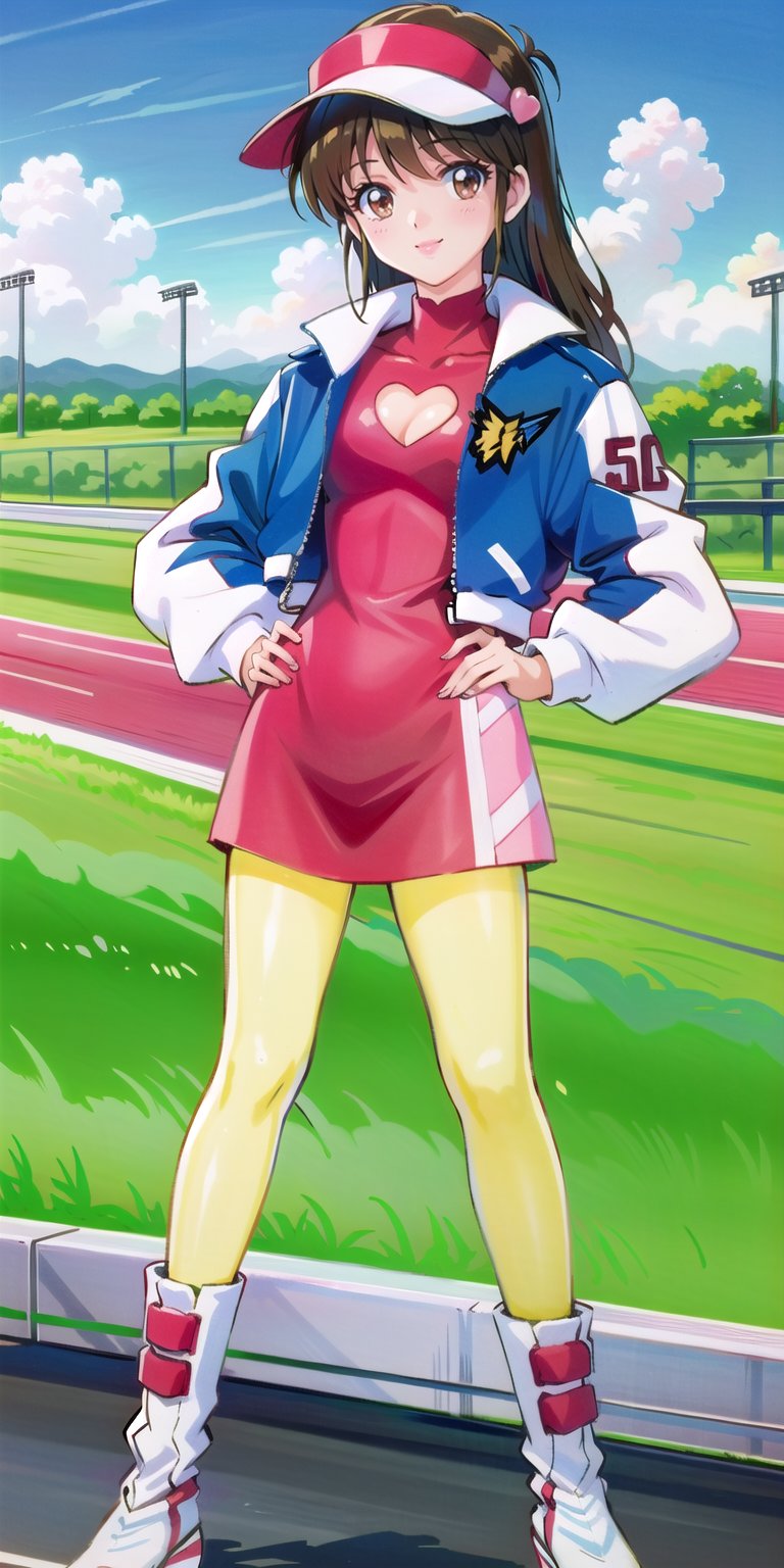 (masterpiece, full body, front view, solo), Asuka Sugo, Visor Cap, Heart, Jacket, Dress, Cleavage Cutout, Pantyhose, Knee Boots, standing, hands on hips, smiling, looking at the viewer, racing track