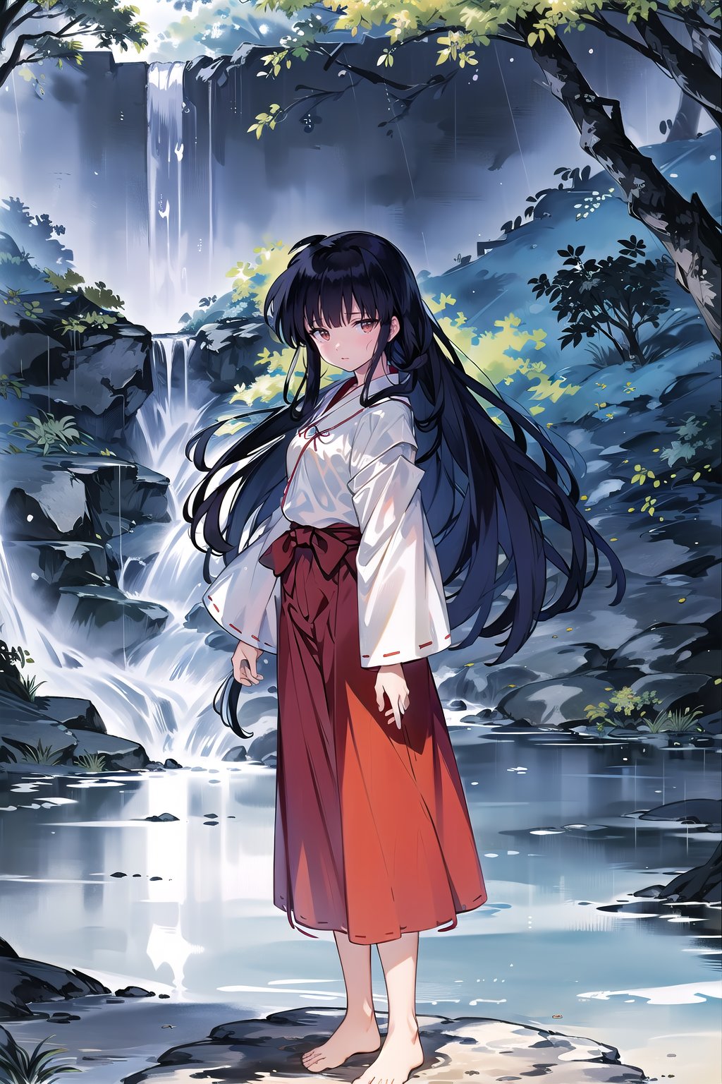 (solo, full body), Kikyo, brown eyes, miko, long sleeves, red skirt, very long skirt, barefoots, mature female, tall body, slim body, damp, sweat, standing, poker face, closed mouth, waterfall, (damp), raining, at night, moonlight, black sky