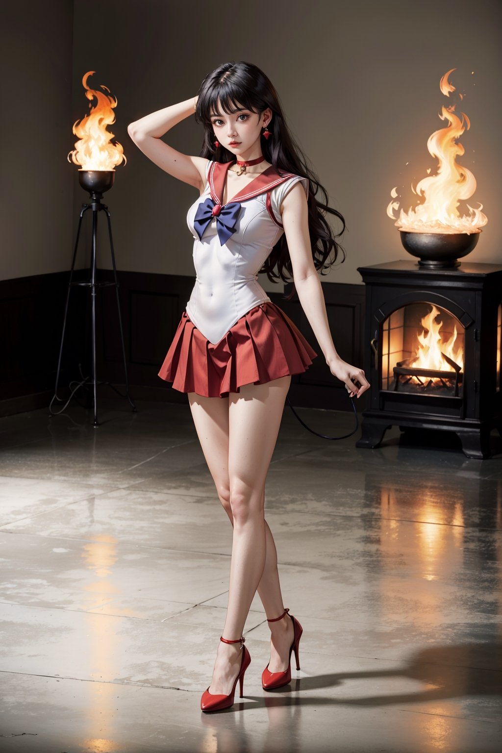 (masterpiece, full body), sailor mars, 1 girl, long hair, earrings, choker, short skirt, high heels, looking at the viewer, standing, indoors, fire background, blurry background