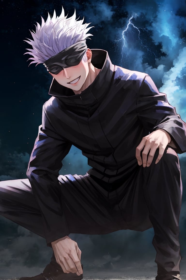 1 straight_shota, Gojo Satoru, full body, black jacket, blindfolded, Jujutsu kaisen, mix of fantasy and realism, special effects, fantasy, ultra hd, hdr, 4k, realhands,glowing lilac eyes, playful smile, dramatic lighting, best quality, cosmic sky, high detailed, bokeh, sharp focus, thunder and lightning