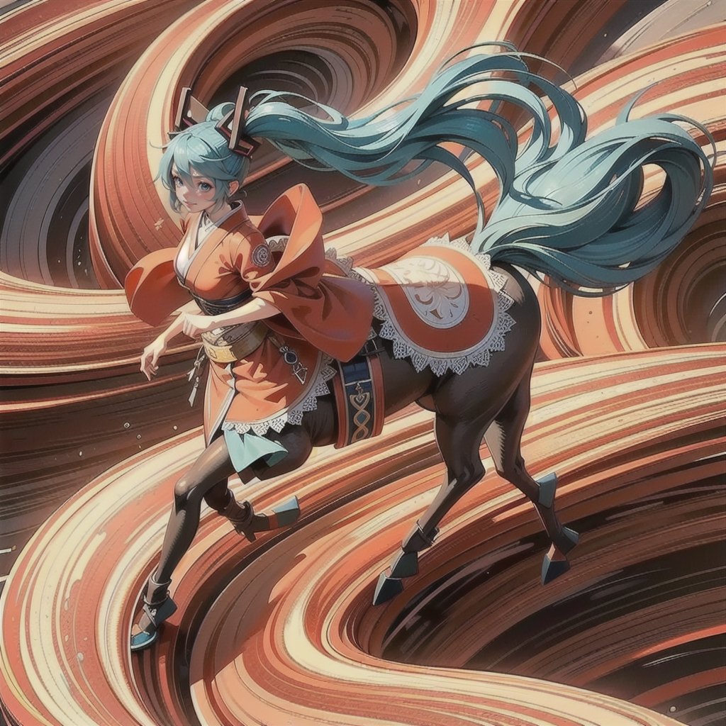 surreal, hatsune Miku woman centaur dressed like light-brown luxury details maid kimono,running innerside of a wooden Möbius strip, which floating on a boiling seafood hotpot.unreal engine, high angle view
