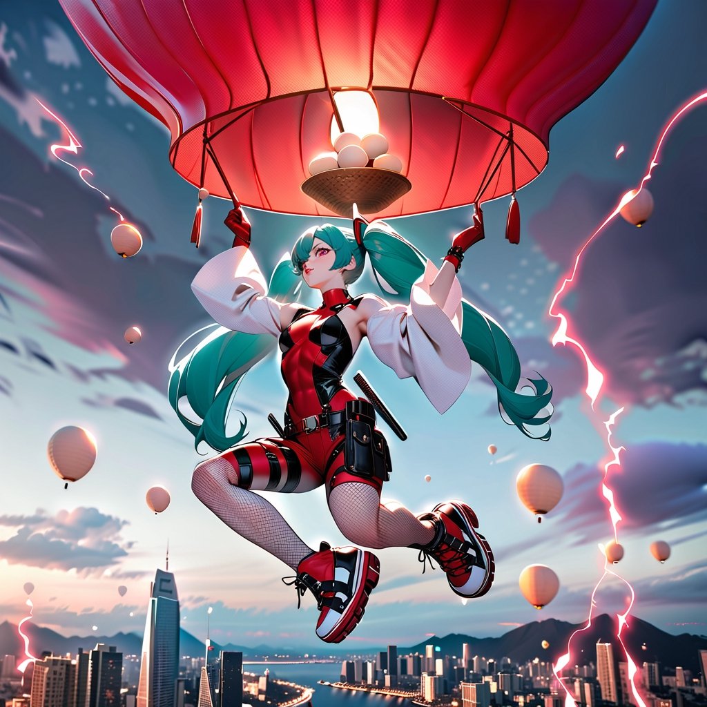 surreal, artistic poster,Hatsune Miku in deadpool jumping on top of sky lantern(pattern like the president of Russia) with handleing a bowl of mochi balls,replaced to show miku face clearly,as  deadpool's clothes  white Gothic sleeves with luxury laces and replace red diamond shoes, red thundee effects at surrounding,Hong kong city background
