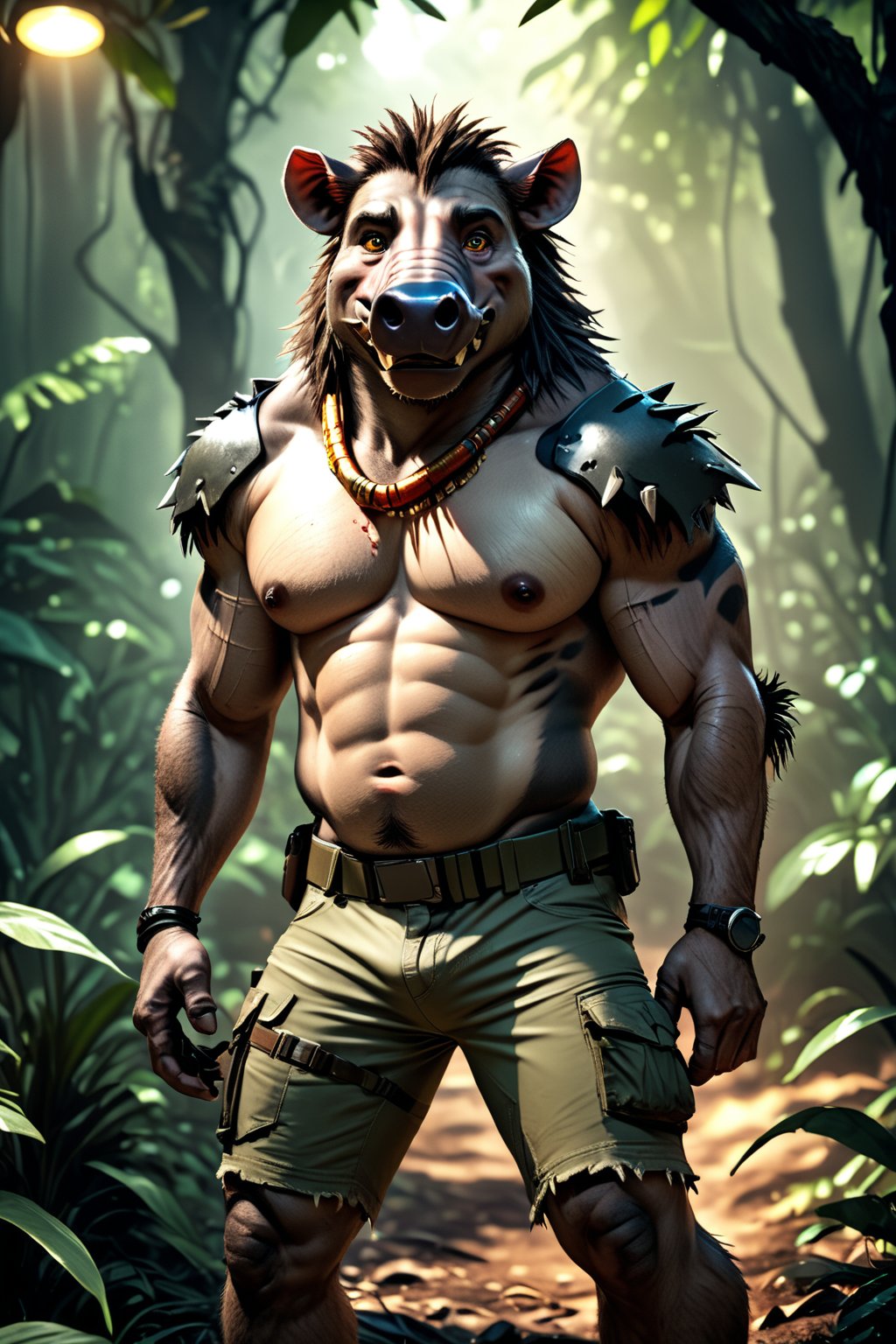 realistic, realism, slightly chubby large male were-warthog, ripped pants, bulge, jungle, dark, cheerful, filtered lights, thick fur, amber eyes,