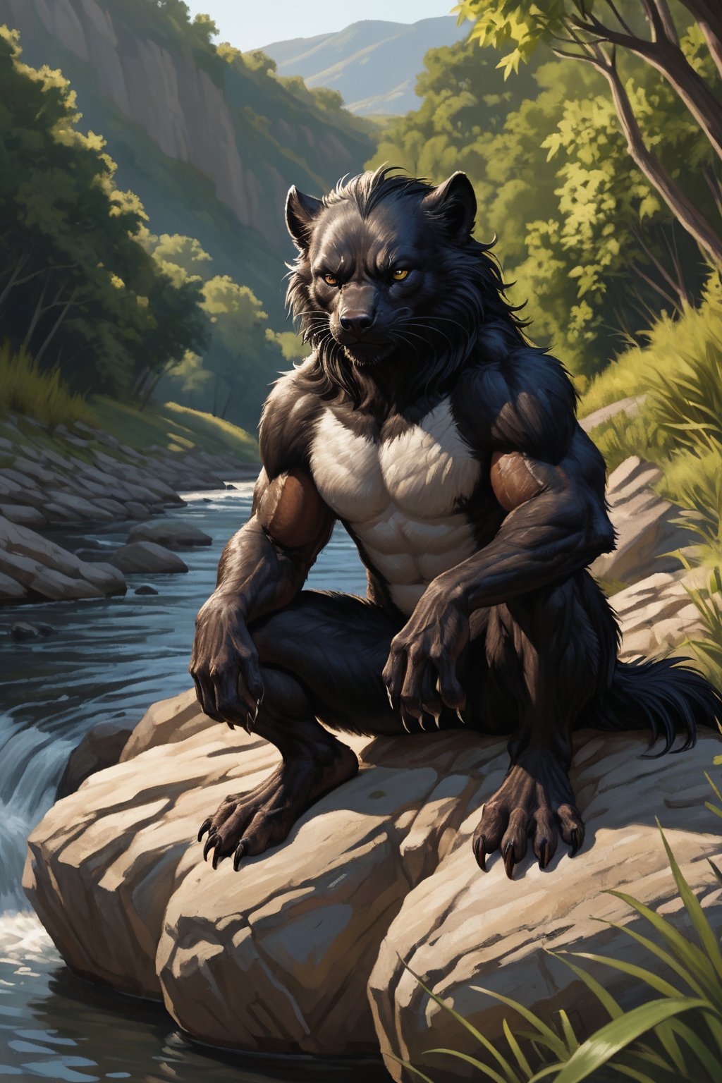 hyperrealism, solo, (male furry [(dark black wolverine)|(skunk}] with brown fur:1.2), (plantigrade foot-paws with five toes and claws), (He is sitting along a river on a small hill), facing viewer, face with with a flirty expression