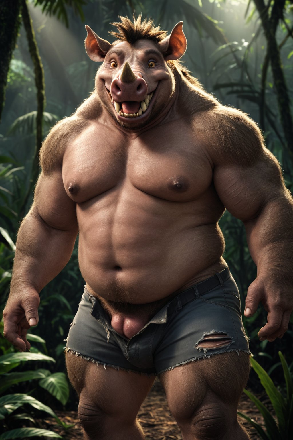 realistic, realism, slightly chubby large male were-warthog, fangs, ripped pants, bulge, jungle, dark, cheerful, filtered lights, thick fur, amber eyes,