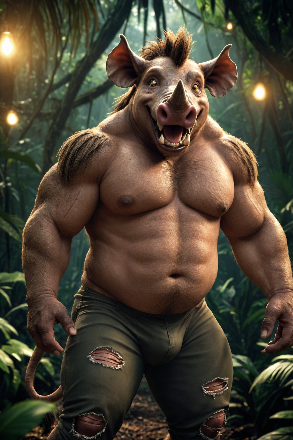 realistic, realism, slightly chubby large male were-warthog, fangs, ripped pants, bulge, jungle, dark, cheerful, filtered lights, thick fur, amber eyes,