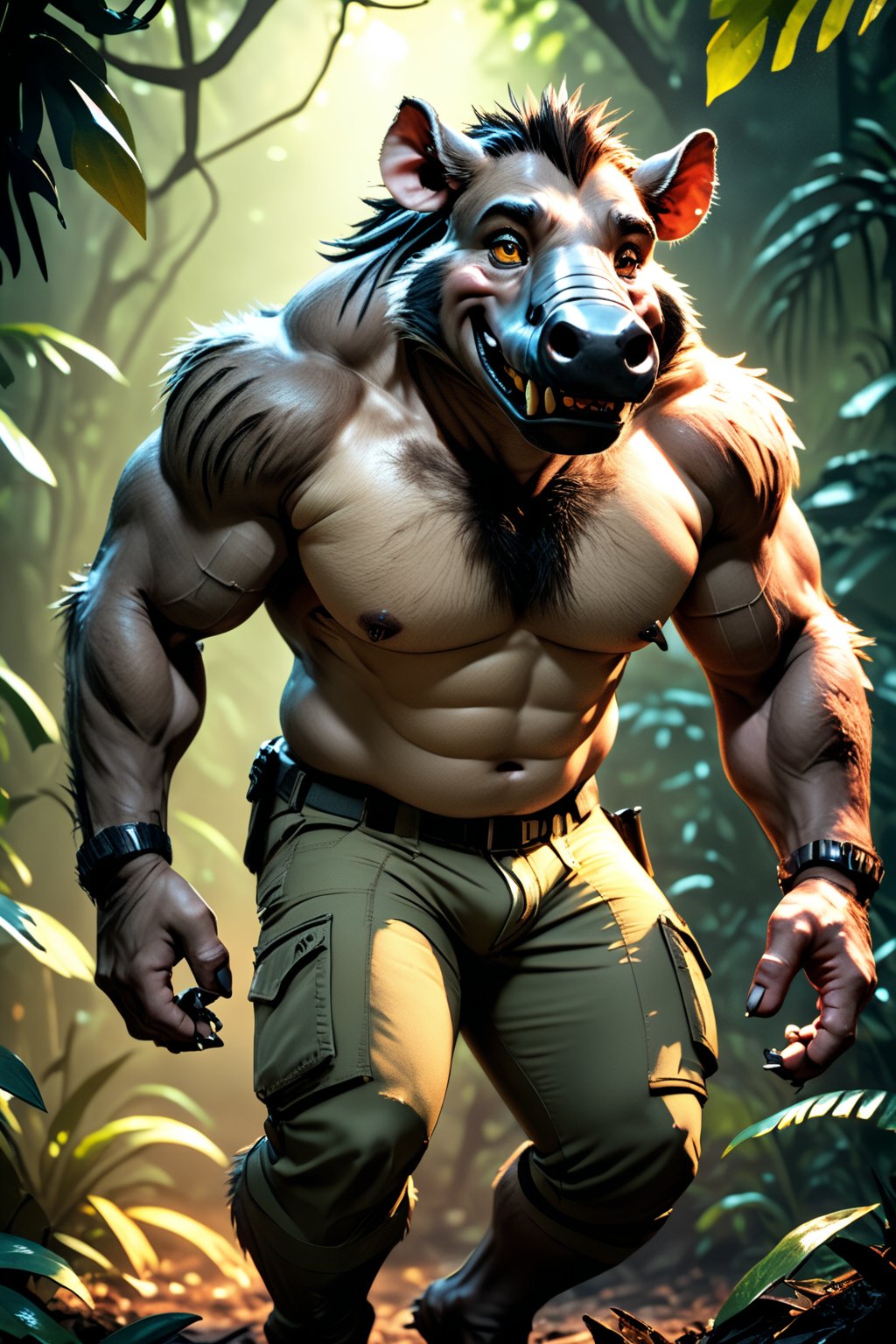 realistic, realism, slightly chubby large male were-warthog, ripped pants, bulge, jungle, dark, cheerful, filtered lights, thick fur, amber eyes,