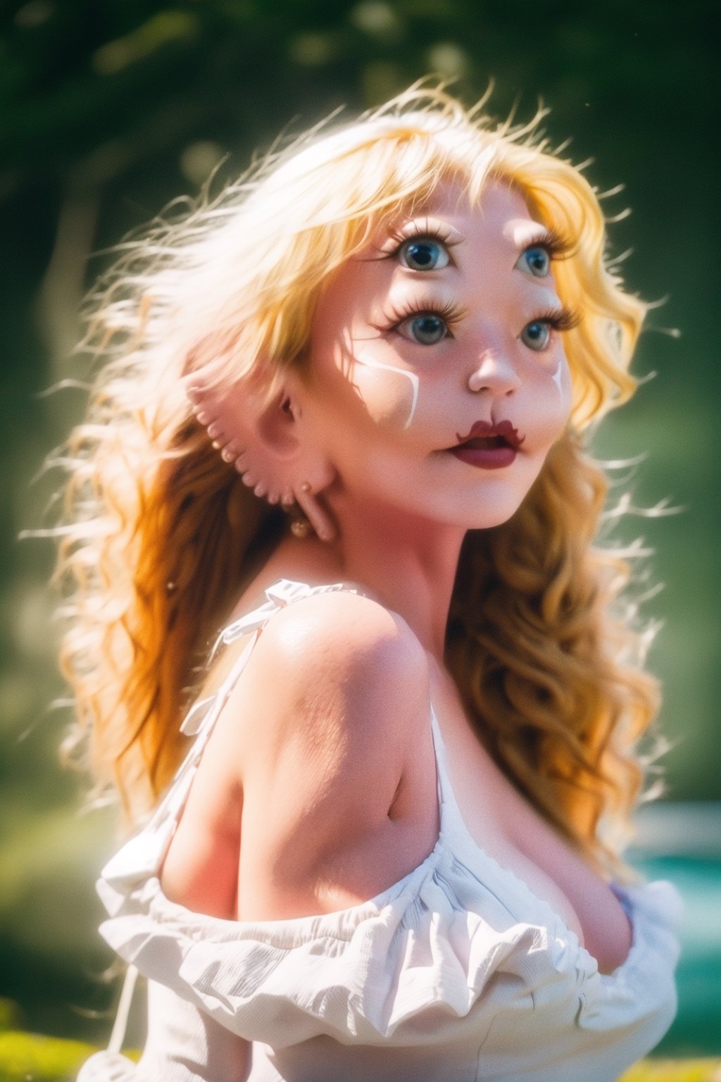 realistic, film/cinematic photo, dynamic, natural, good lighting, 35 mm, depth of field, woman with four eyes, looking at viewer, curly long blonde hair, medival white dress, near a lake, (sunlight:0.8), perfect face, body shot, detailed face, large eyes, american eyes, large breast