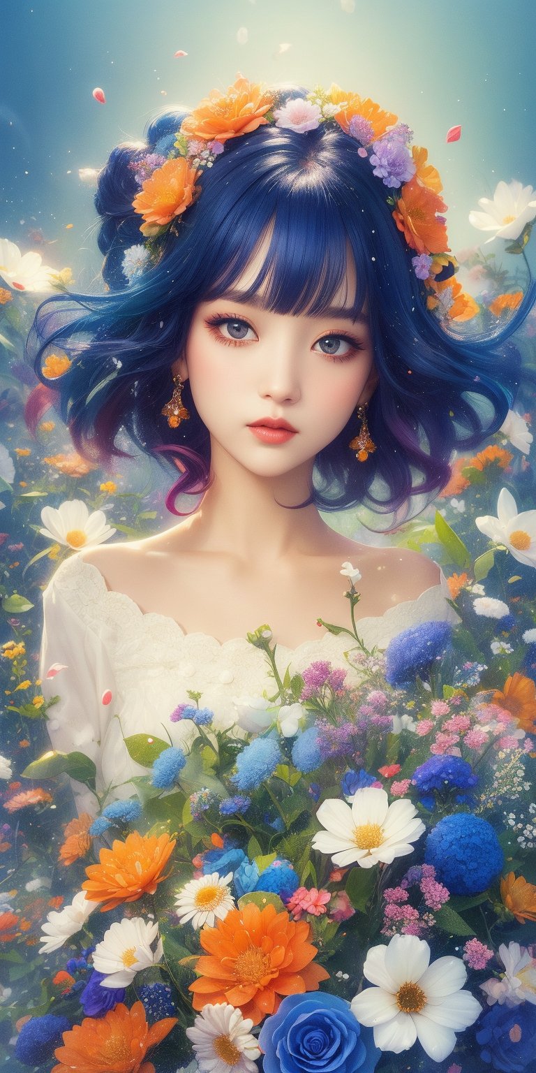 A captivating digital art portrait of a young woman surrounded by a vibrant array of flowers. Her wavy, dark blue hair with bangs frames her face, blending seamlessly with the floral elements around her. The flowers, in shades of orange, blue, and white, create a striking contrast against her pale skin. She gazes directly at the viewer with an intense, almost ethereal expression. The intricate details of the petals and leaves intertwine with her hair, giving the impression that she is one with nature. The overall composition is both delicate and dramatic, evoking a sense of mystery and enchantment. ELIGHT, JeeSoo 