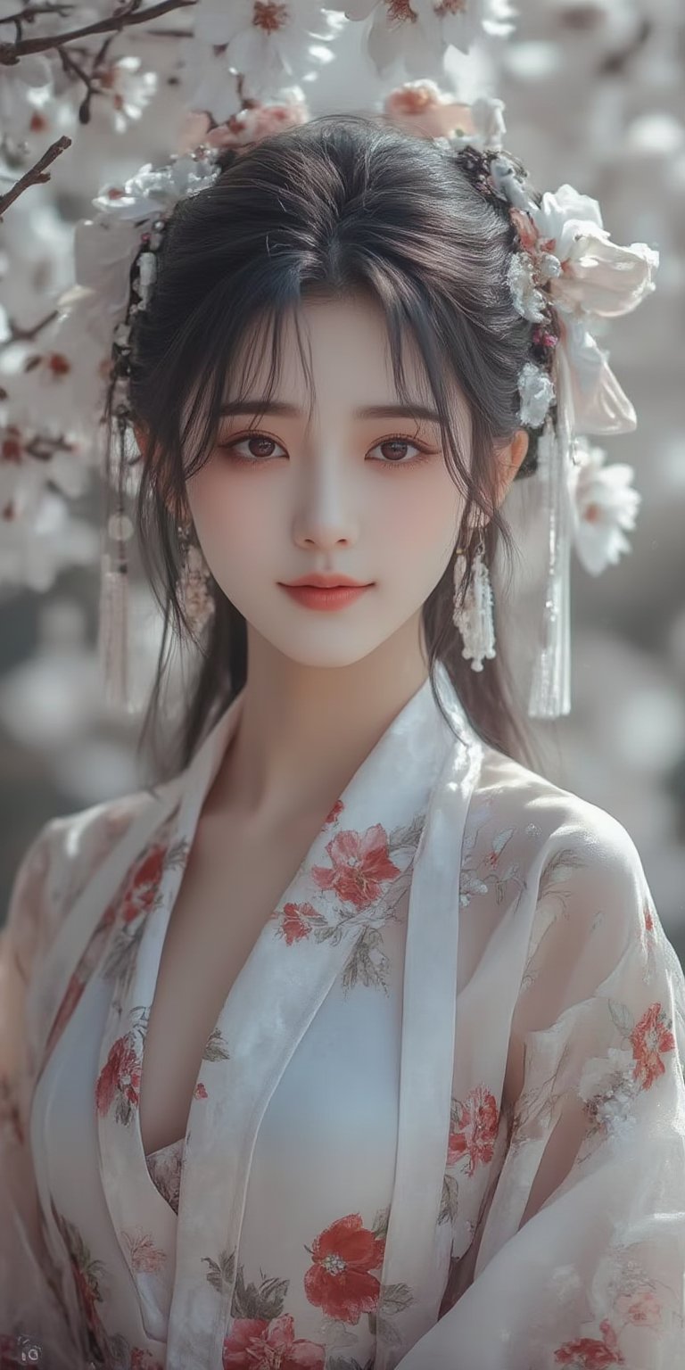 A serene Japanese maiden stands alone against a blurry backdrop of blooming cherry blossom trees. She gazes directly at the viewer with a gentle smile, her parted bangs framing her heart-shaped face. Her black hair cascades down her back, adorned with intricate hair ornaments and hair rings. Red eyes sparkle beneath luscious eyelashes, and her lips curve upward in a subtle grin. A floral print kimono drapes across her upper body, its vibrant colors muted by the soft focus of the background. Delicate earrings and a tassel dangle from her ears as she wears a bow-adorned hairstyle. The camera's shallow depth of field blurs everything except for our subject, emphasizing her captivating presence.