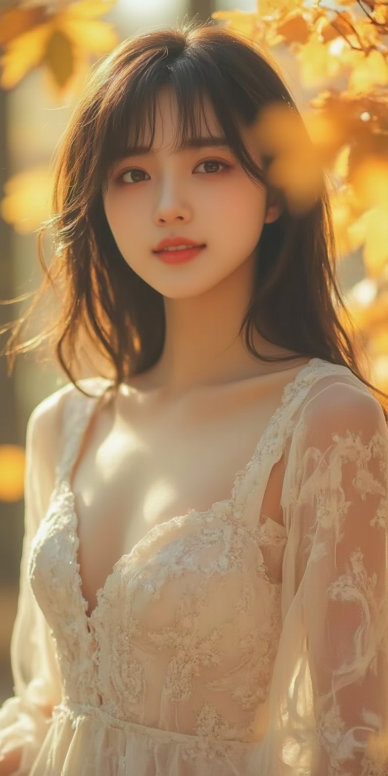 A stunning Korean girl poses confidently in a picturesque forest setting, surrounded by vibrant autumn maple leaves. She wears a delicate white lace dress that highlights her toned upper body and accentuates her impressive bust, with long black hair framing her face and bangs gently falling across her forehead. Her bright brown eyes sparkle with joy as she gazes directly at the viewer, exuding happiness and contentment. The soft sunlight filters through the trees, casting a warm glow on her features. (face close-up:1.4)