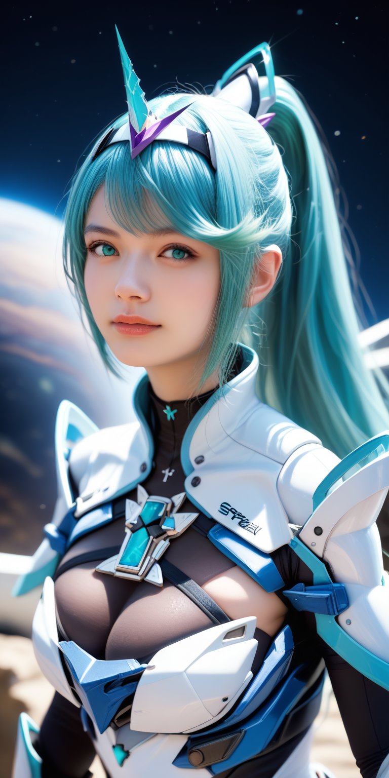 score_9, score_8_up, score_7_up, masterpiece, best quality, high resolution, BREAK, 1 girl, solo, looking at viewer, upper body, reality, pnmdef, long hair, aqua hair, bangs, ponytail, aqua eyes, big breasts, tiara, armor, gloves, outdoor, planet, galaxy, space station background