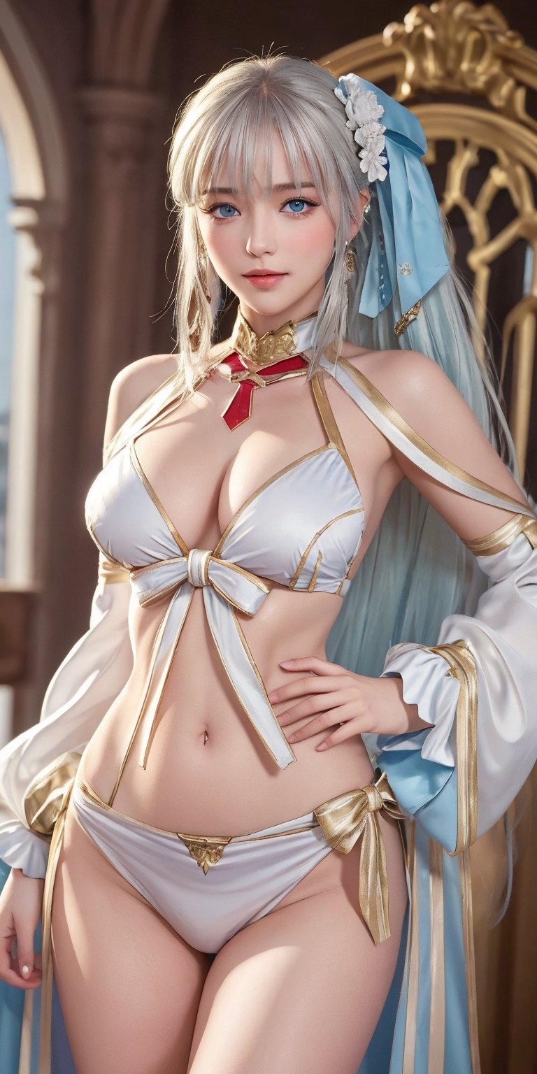 (Masterpiece, top quality, best quality, official art, beauty & aesthetics: 1.2), hdr, high contrast, wide angle lens, 1 girl, solo, silver hair, long hair, bangs, looking at viewer, relaxed expression, pronounced blue eyes, long faded eyebrows, soft makeup, gradient lips, big breasts, hourglass figure, long fingers, belly button, realistic illustration, (soothing tones: 1.3), (super detailed: 1.2), shiny skin, lustrous skin, wide hips, narrow waist, very long hair, bangs, bow, french braid, braid, detached sleeves, hair ornament, ponytail, hair bow, dress, swimsuit, bikini, stomach tattoo, cowboy shot, hands on hips, seductive smile,