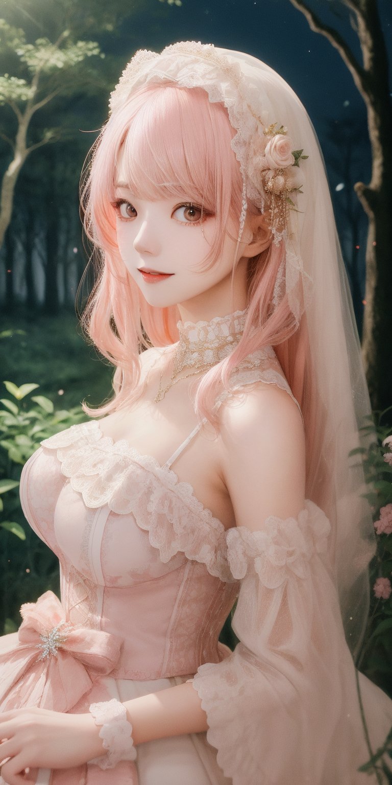 (Masterpiece, Best Quality, Photorealistic, High Resolution, 8K Raw), Smiling, Looking At Viewer, Upper Body, Light, 1 Girl, Solo, Beautiful Young Girl, 18 Years Old, (Long Hair, Pink Hair, Bangs:1.3), Big Breasts, lolita dress, digital painting, fantasy, hidden forest, centered big tree, (glowing crystals), flowers, petal, (night time), Yewon, white dress