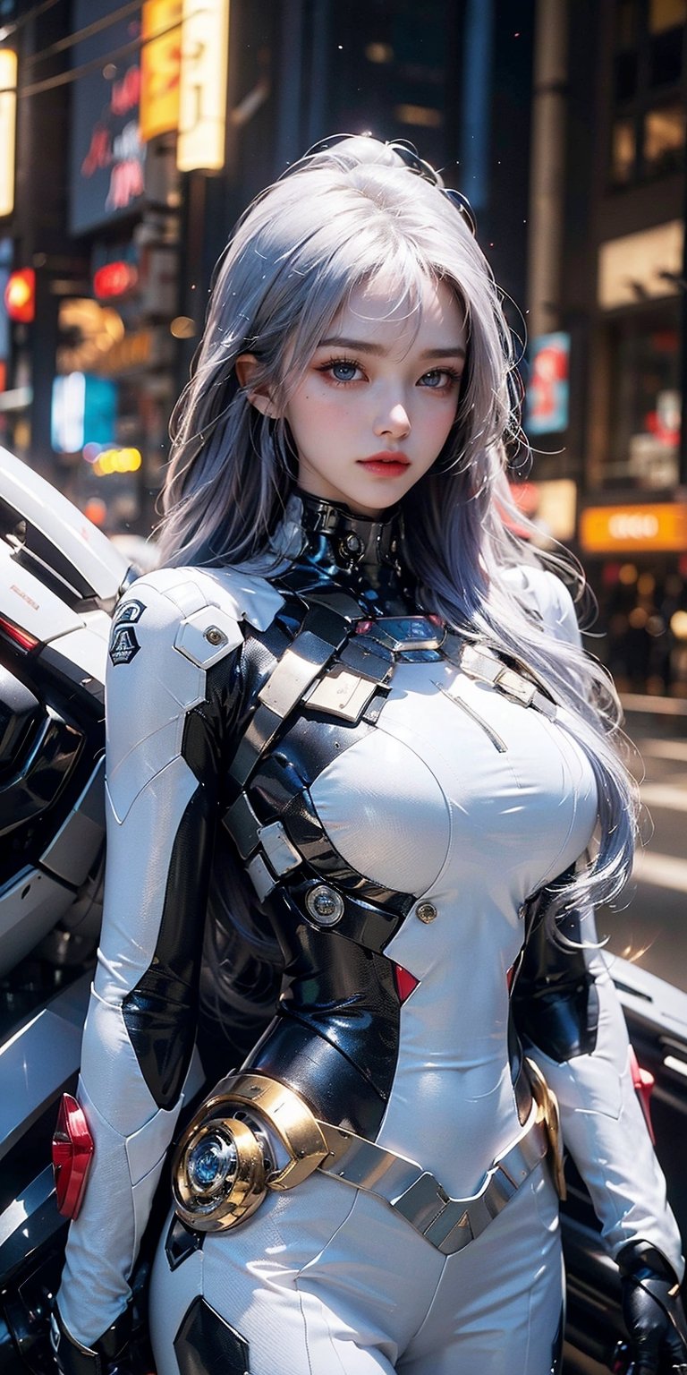 Best picture quality, high resolution, 8k, realistic, sharp focus, realistic image of elegant lady, Korean beauty, supermodel, pure white hair, blue eyes, wearing high-tech cyberpunk style blue Batgirl suit, radiant Glow, sparkling suit, mecha, perfectly customized high-tech suit, ice theme, custom design, 1 girl,mecha