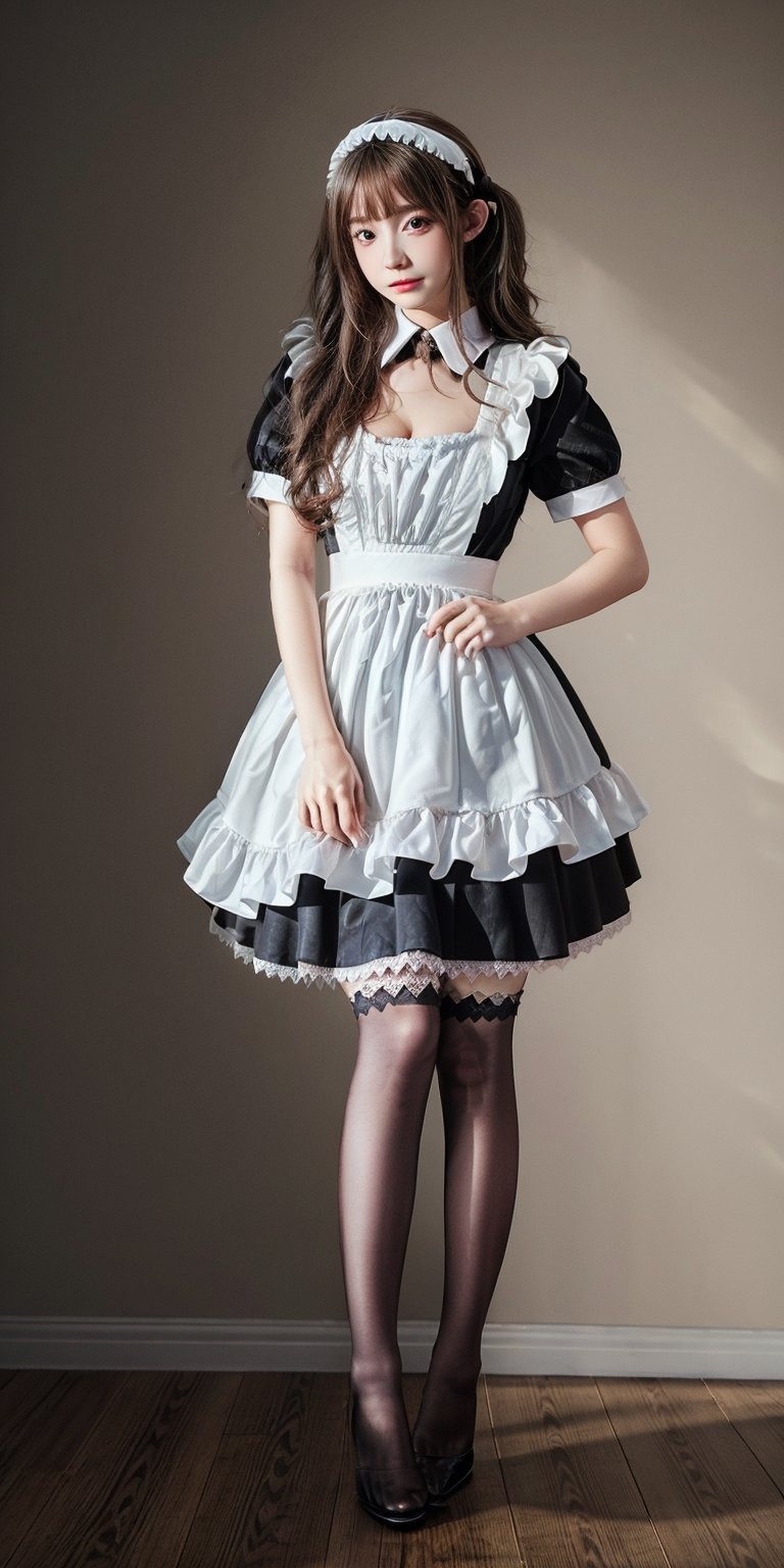 Best Quality, Masterpiece, Ultra HD, (Photorealistic: 1.4), RAW Photo, Blurred Background, Full Body Shot, Baby Face, (Teen: 1.5), 1girl, Solo, clad in a ((stocking)), cleavage cutout, edgy and alluring aesthetic, slender legs, ((intricately designed thighhighs)), black high-heel, Maid_Dress, restaurant background, Maid_Dress, maid attire, standing, straight up, maid attire