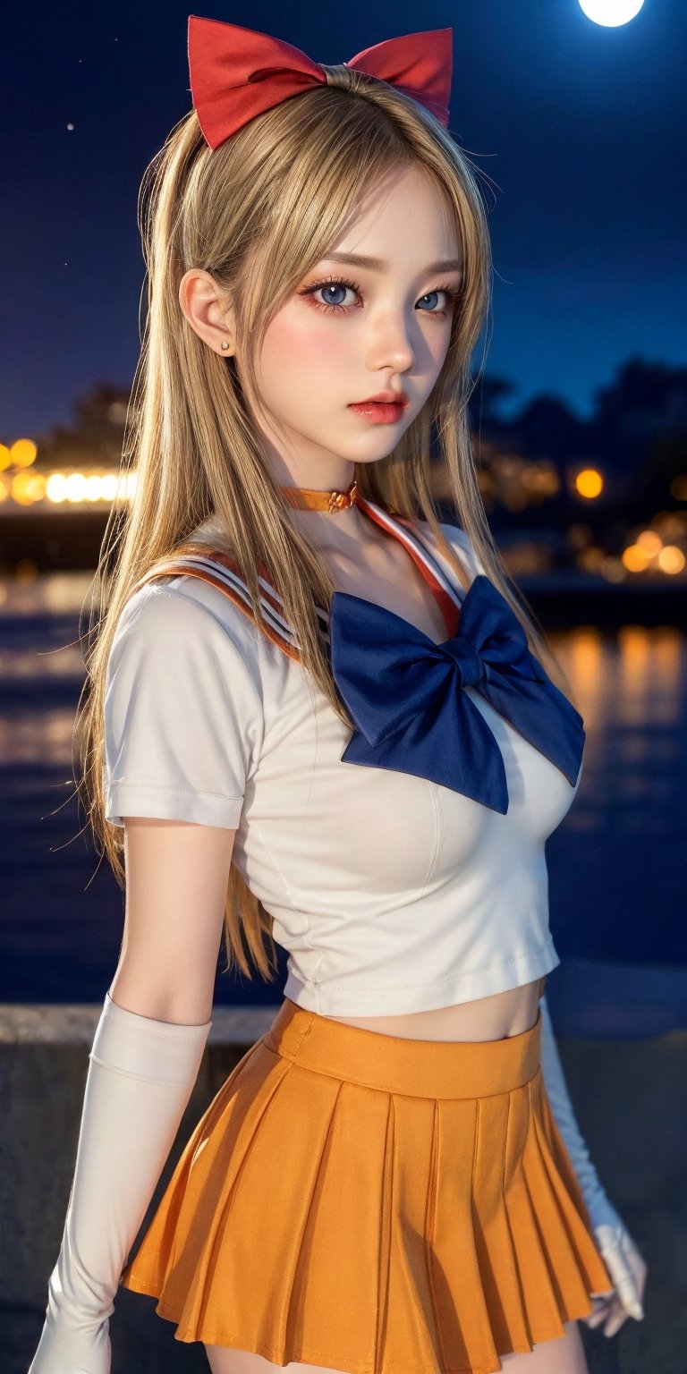 Ultra high definition photos, high definition works, close-up photos, beauty, blonde hair, bobbed hair, blue eyes, big breasts, mature models, dreamy models, body exposure, realism, portraits, glamorous figures, realism, Haerin_NJ

Sv1, sailor senshi uniform, short sleeves, (orange skirt), elbow gloves, tiara, pleated skirt, miniskirt, red bow, orange choker, white gloves, jewelry, city, night, moon, cowboy shot, standing, orange sailor collar