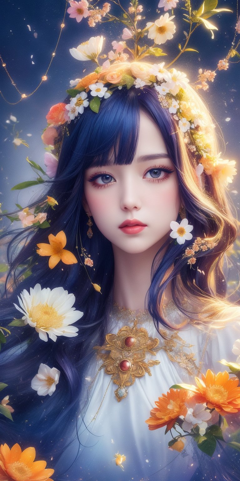 A captivating digital art portrait of a young woman surrounded by a vibrant array of flowers. Her wavy, dark blue hair with bangs frames her face, blending seamlessly with the floral elements around her. The flowers, in shades of orange, blue, and white, create a striking contrast against her pale skin. She gazes directly at the viewer with an intense, almost ethereal expression. The intricate details of the petals and leaves intertwine with her hair, giving the impression that she is one with nature. The overall composition is both delicate and dramatic, evoking a sense of mystery and enchantment. ELIGHT, JeeSoo 