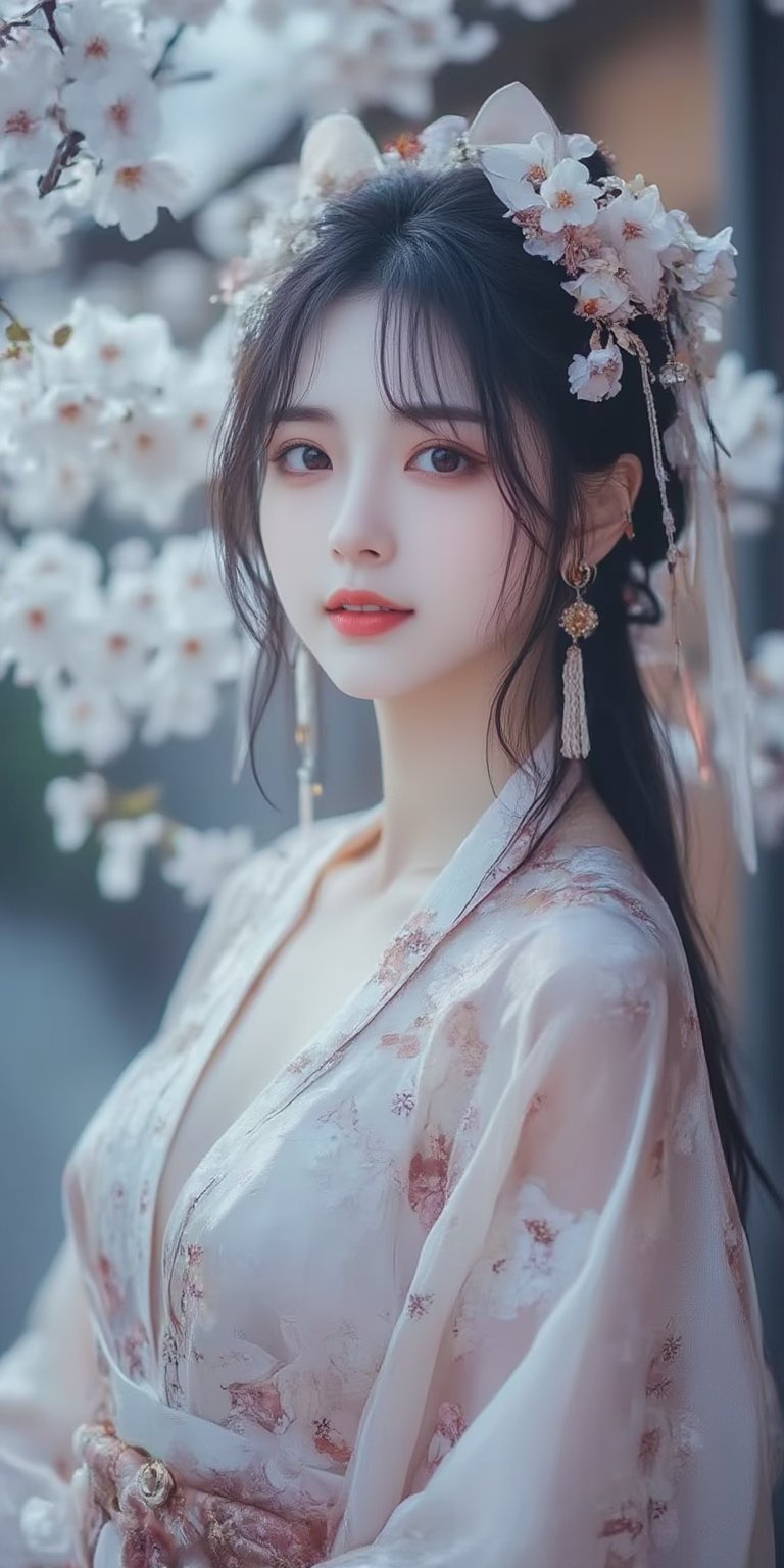 A serene Japanese maiden stands alone against a blurry backdrop of blooming cherry blossom trees. She gazes directly at the viewer with a gentle smile, her parted bangs framing her heart-shaped face. Her black hair cascades down her back, adorned with intricate hair ornaments and hair rings. Red eyes sparkle beneath luscious eyelashes, and her lips curve upward in a subtle grin. A floral print kimono drapes across her upper body, its vibrant colors muted by the soft focus of the background. Delicate earrings and a tassel dangle from her ears as she wears a bow-adorned hairstyle. The camera's shallow depth of field blurs everything except for our subject, emphasizing her captivating presence.