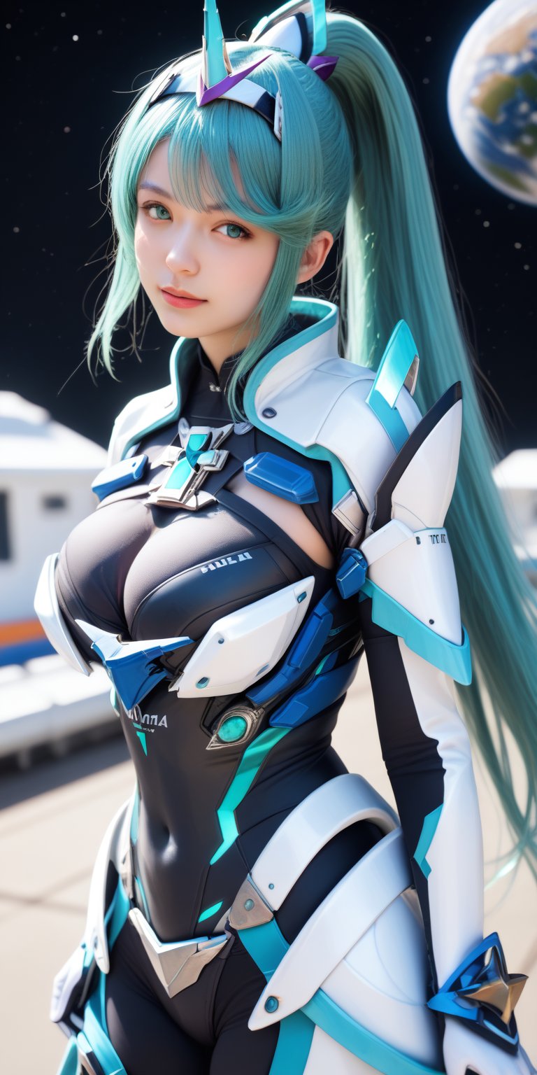 score_9, score_8_up, score_7_up, masterpiece, best quality, high resolution, BREAK, 1 girl, solo, looking at viewer, reality, pnmdef, long hair, aqua hair, bangs, ponytail, aqua eyes, big breasts, tiara, armor, gloves, outdoor, planet, galaxy, space station background