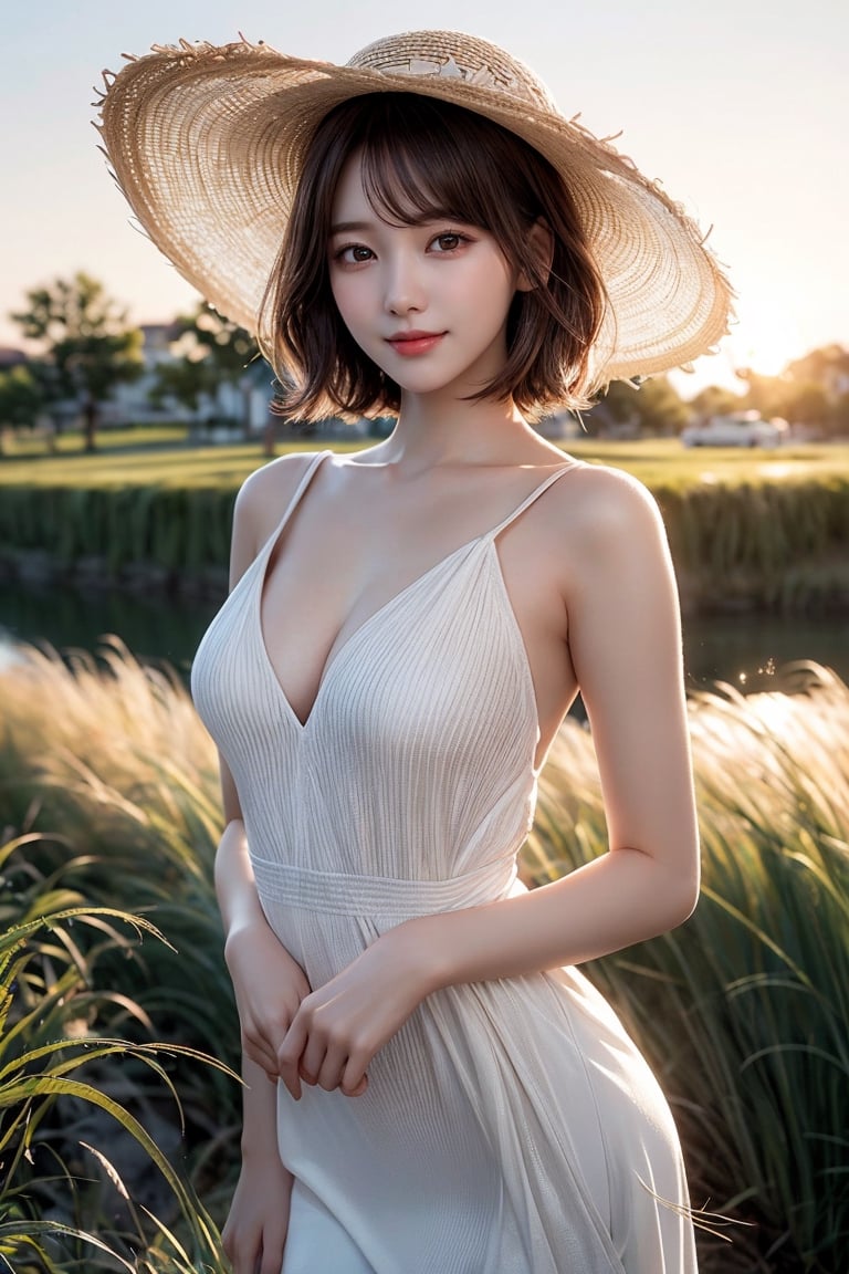 1 girl, very bright backlighting, solo, {beautiful and detailed eyes},large breasts, calm expression, natural and soft light,delicate facial features, Blunt bangs, beautiful Korean girl, eye smile,22yo, ((model pose)), Glamor body type,(half red and half brown short hair:1.3), flim grain, realhands, masterpiece, Best Quality, photorealistic, ultra-detailed, finely detailed, high resolution,brown messy hair, perfect dynamic composition, beautiful detailed eyes,(Korean girl:1.4),((nervous and embarrassed)),sharp-focus, beautymix, FilmGirl,(wearing a white dress and a sun hat:1.3),facing reality,(The girl must be gazes at me with a lonely smile, basking in the sunset in the grassy thicket:1.3),(cowboy shot:1.3)