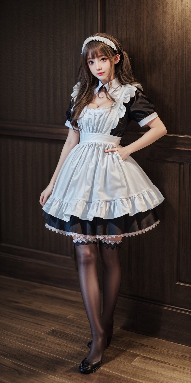 Best Quality, Masterpiece, Ultra HD, (Photorealistic: 1.4), RAW Photo, Blurred Background, Full Body Shot, Baby Face, (Teen: 1.5), 1girl, Solo, clad in a ((stocking)), cleavage cutout, edgy and alluring aesthetic, slender legs, ((intricately designed thighhighs)), black high-heel, Maid_Dress, restaurant background, Maid_Dress, maid attire, standing, straight up, maid attire