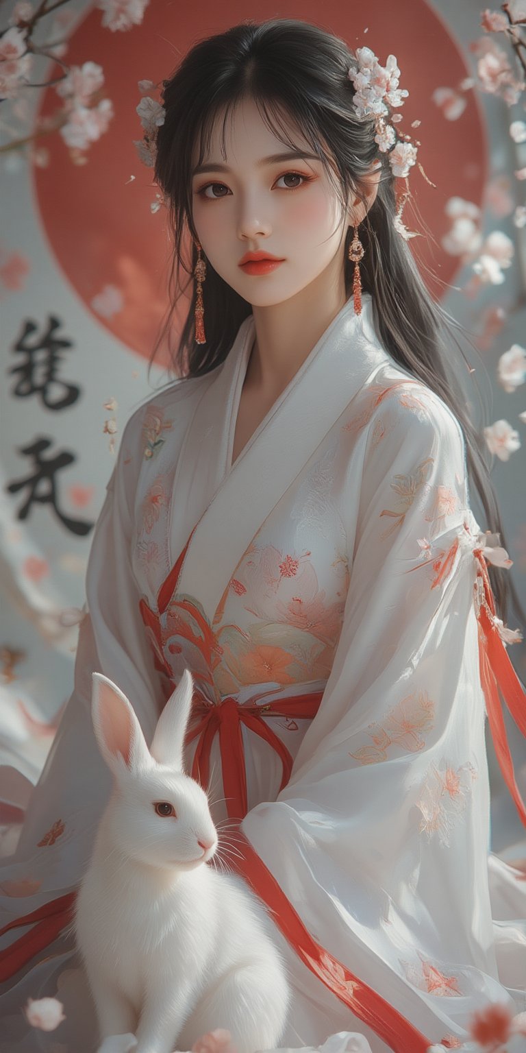 A young woman in a beautiful white kimono sits on a soft, patterned fabric. She is adorned with delicate floral hair ornaments and a red tassel hangs from her waist. Her expression is serene and elegant, her gaze directed towards the viewer. A white rabbit sits beside her, adding a touch of innocence and charm to the scene. The background features a large red circle and a traditional Chinese character, creating a sense of cultural richness and mystique. [Photorealistic portrait, inspired by the works of Annie Leibovitz and Steve McCurry], [Soft, natural light, focus on the woman's face and her elegant pose, blurred background with a sense of depth, textured surfaces, a sense of cultural heritage and beauty], Hanfu, KOLNB, Ahri