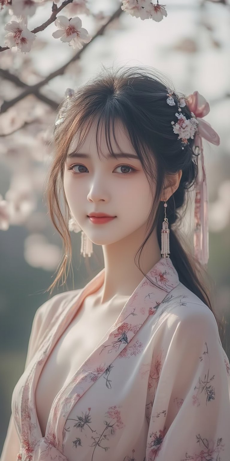 A serene Japanese maiden stands alone against a blurry backdrop of blooming cherry blossom trees. She gazes directly at the viewer with a gentle smile, her parted bangs framing her heart-shaped face. Her black hair cascades down her back, adorned with intricate hair ornaments and hair rings. Red eyes sparkle beneath luscious eyelashes, and her lips curve upward in a subtle grin. A floral print kimono drapes across her upper body, its vibrant colors muted by the soft focus of the background. Delicate earrings and a tassel dangle from her ears as she wears a bow-adorned hairstyle. The camera's shallow depth of field blurs everything except for our subject, emphasizing her captivating presence.