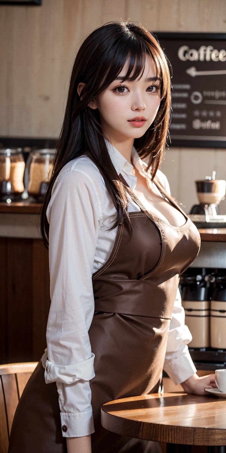 (masterpiece, top quality, best quality, official art, beautiful and aesthetic:1.2), hdr, high contrast, wideshot, 1girl, long black straight hair with bangs, clearly brown eyes, longfade eyebrow, soft make up, ombre lips, large breast, hourglass body, finger detailed, BREAK wearing barista suit, (coffee shop theme:1.5), light smile, coffee shop background detailed, by KZY, BREAK frosty, ambient lighting, extreme detailed, cinematic shot, realistic ilustration, (soothing tones:1.3), (hyperdetailed:1.2)