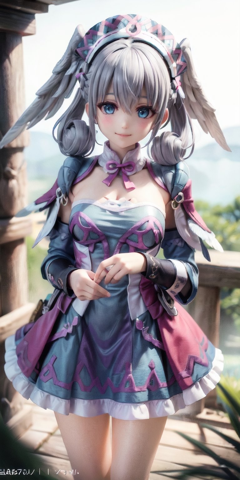 best quality, masterpiece, highres, detailed, digital artwork, , MeliaXenoblade, blue eyes, head wings, hair between eyes, grey hair, , pink dress, upper body, headdress,camp, happy, smile,MeliaXenoblade