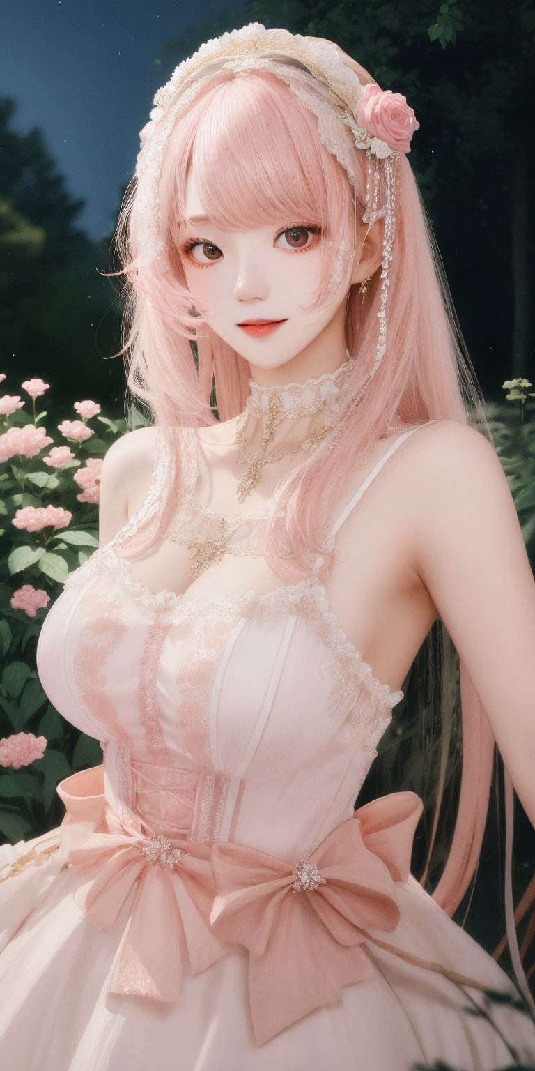 (Masterpiece, Best Quality, Photorealistic, High Resolution, 8K Raw), Smiling, Looking At Viewer, Upper Body, Light, 1 Girl, Solo, Beautiful Young Girl, 18 Years Old, (Long Hair, Pink Hair, Bangs:1.3), Big Breasts, lolita dress, digital painting, fantasy, hidden forest, centered big tree, (glowing crystals), flowers, petal, (night time), Yewon, white dress