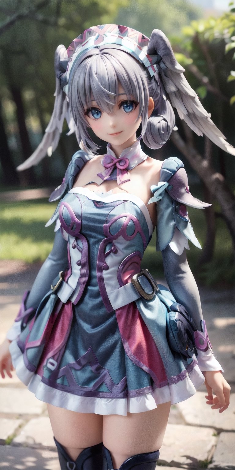 best quality, masterpiece, highres, detailed, digital artwork, , MeliaXenoblade, blue eyes, head wings, hair between eyes, grey hair, , pink dress, upper body, headdress,camp, happy, smile,MeliaXenoblade