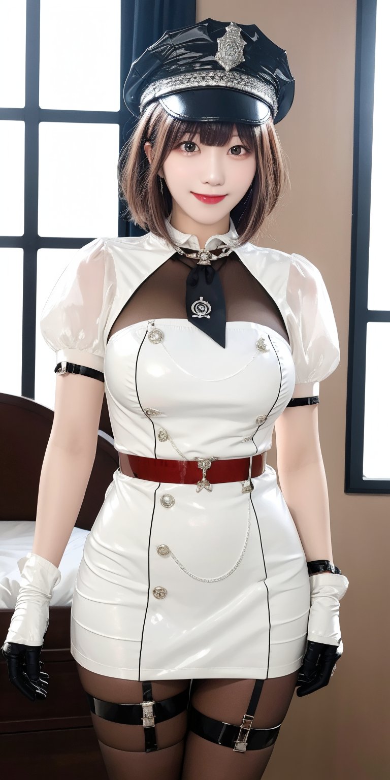 (Masterpiece, Best Quality, Photorealistic, High Resolution, 8K Raw), Smile, Looking At Viewer, Upper Body, Light, 1 Girl, Solo, Beautiful Young Girl, 18 Years Old, Short Hair, (Brown Hair, Bangs:1.3), Big Breasts, lemon0001, police cap, arm strap, puffy short sleeves, belt, half gloves, buttons, jewelry, thigh strap, white skirt, black pantyhose, standing, indoor, windows, curtains, bedroom background, 