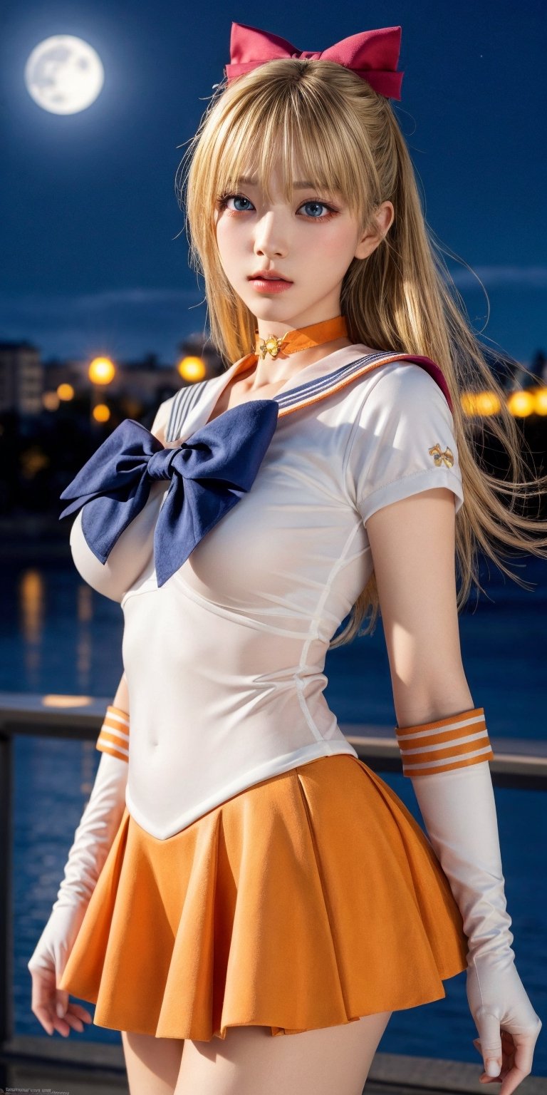 Ultra high definition photos, high definition works, close-up photos, beauty, blonde hair, bobbed hair, blue eyes, big breasts, mature models, dreamy models, body exposure, realism, portraits, glamorous figures, realism, Haerin_NJ

Sv1, sailor senshi uniform, orange skirt, elbow gloves, tiara, pleated skirt, miniskirt, red bow, orange choker, white gloves, jewelry, city, night, moon, cowboy shot, standing, orange sailor collar