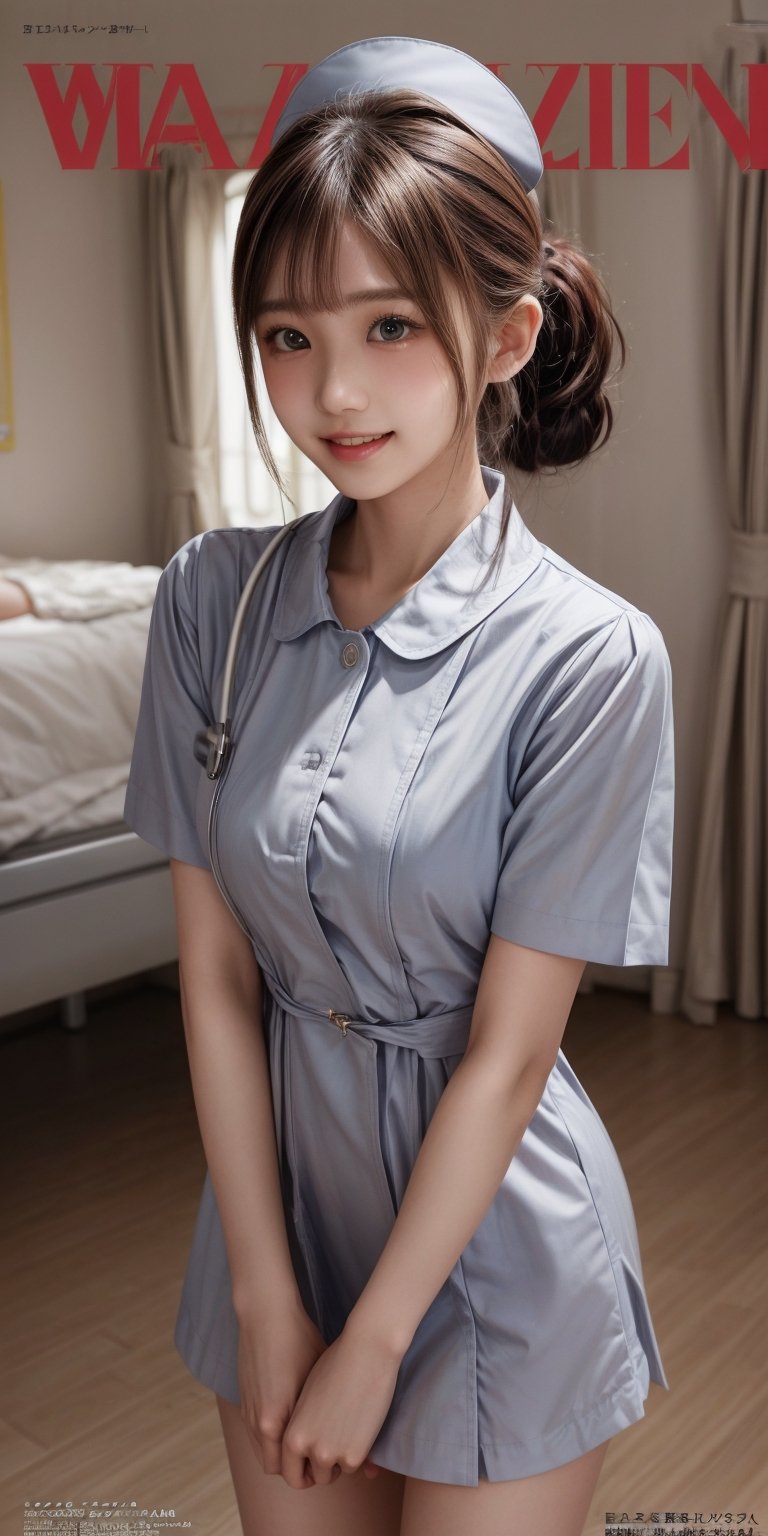 Masterpiece, best quality, super high resolution, (photorealism: 1.4), RAW photo, full body shot, natural lighting, hospital, ward, parted lips, (brown hair), high school student, (bangs), beautiful Japanese young girl, (teenager: 1.5), (breasts about to burst: 1.3), (looking at another person laughing: 1.1) , cute straight, low ponytail, nurse uniform, nurse cap, smile, white nurse uniform, ((fashion magazine cover:1.5))