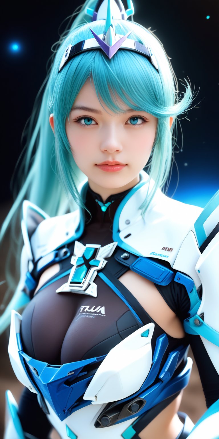 score_9, score_8_up, score_7_up, masterpiece, best quality, high resolution, BREAK, 1 girl, solo, looking at viewer, upper body, reality, pnmdef, long hair, aqua hair, bangs, ponytail, aqua eyes, big breasts, tiara, armor, gloves, outdoor, planet, galaxy, space station background