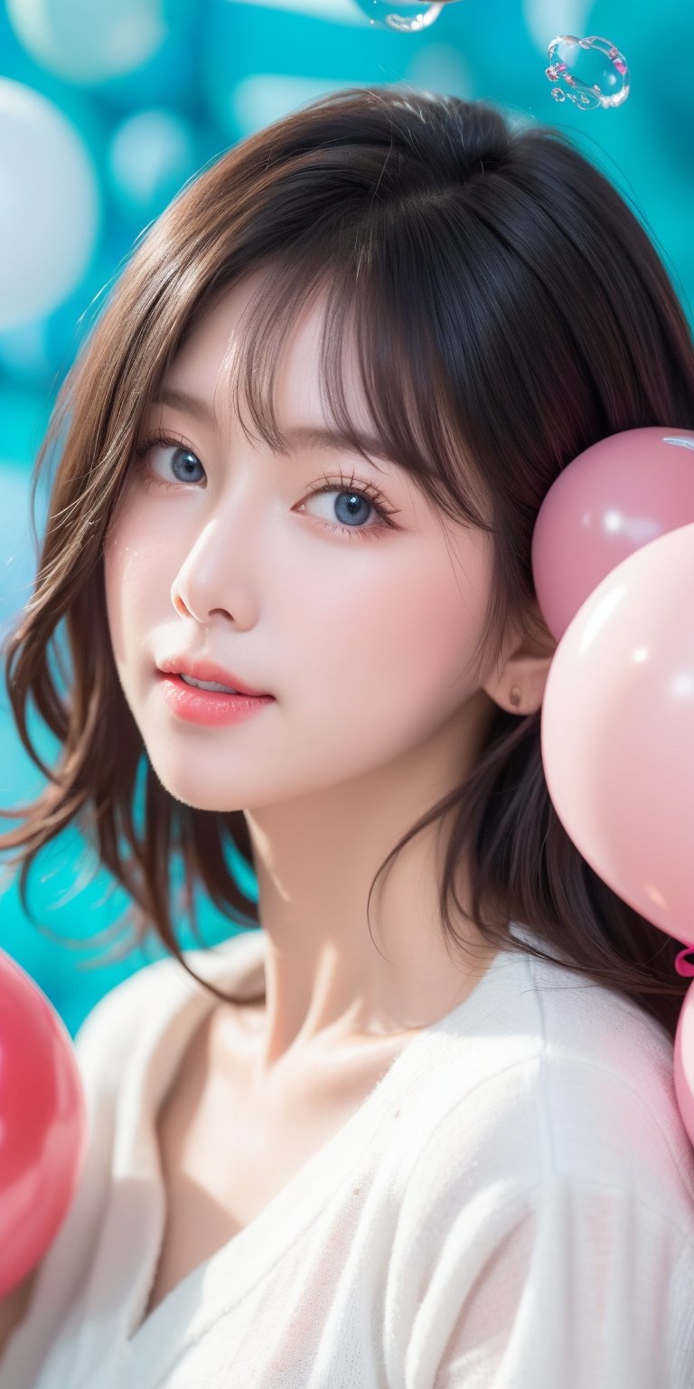 1girl, solo, looking at viewer, short hair, blue eyes, brown hair, black hair, collarbones, parted lips, water, lips, white sweater, sunlight, bubbles, underwater, (small bubbles:1.3), (red balloons:1.2), korean, perfect light, idol, 