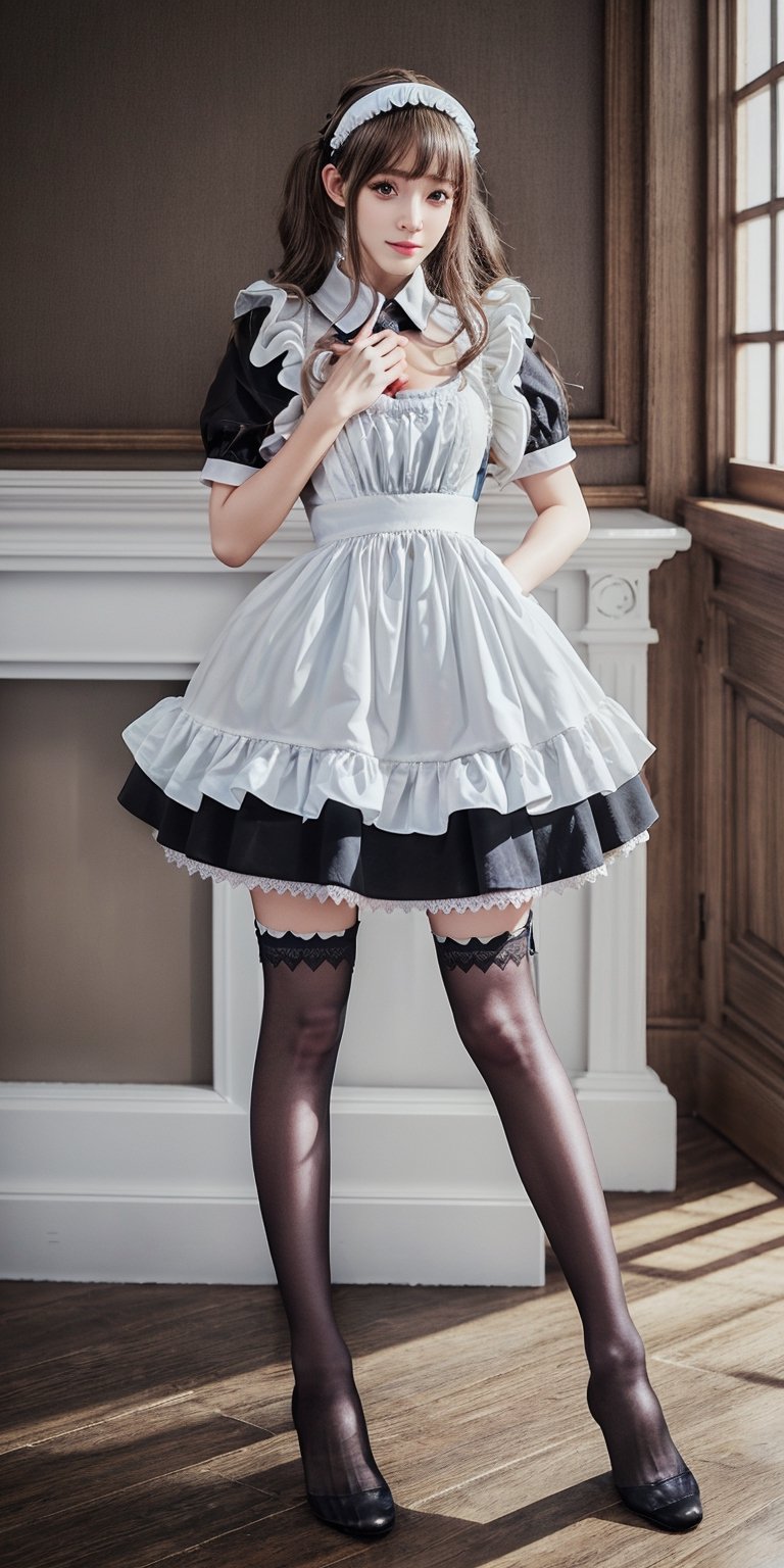 Best Quality, Masterpiece, Ultra HD, (Photorealistic: 1.4), RAW Photo, Blurred Background, Full Body Shot, Baby Face, (Teen: 1.5), 1girl, Solo, clad in a ((stocking)), cleavage cutout, edgy and alluring aesthetic, slender legs, ((intricately designed thighhighs)), black high-heel, Maid_Dress, restaurant background, Maid_Dress, maid attire, standing, straight up, maid attire