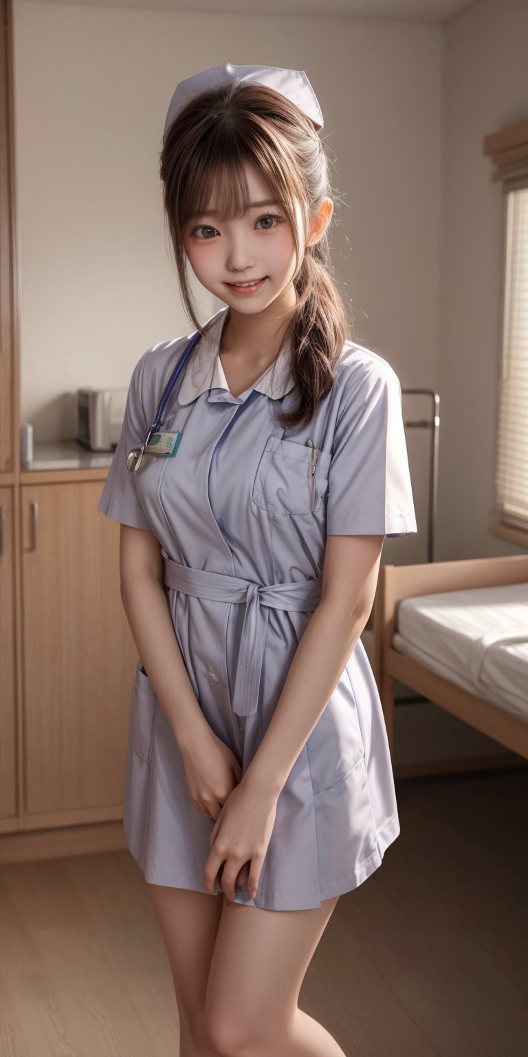 Masterpiece, best quality, super high resolution, (photorealism: 1.4), RAW photo, full body shot, natural lighting, hospital, ward, parted lips, (brown hair), high school student, (bangs), beautiful Japanese young girl, (teenager: 1.5), (breasts about to burst: 1.3), (looking at another person laughing: 1.1) , cute straight, low ponytail, nurse uniform, nurse cap, smile, white nurse uniform