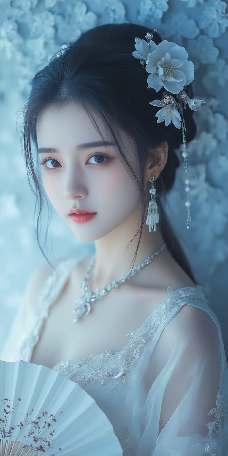 A close-up shot of a Asian woman in a white chinese clothes with a silver necklace and earrings. She is holding a white fan. The woman's hair is adorned with white flowers adding a touch of beauty to the scene. creating a soft focus on the woman's face. neon lighting. (cover the background wall with light blue flowers:1.3), (looking at viewer, upper body)