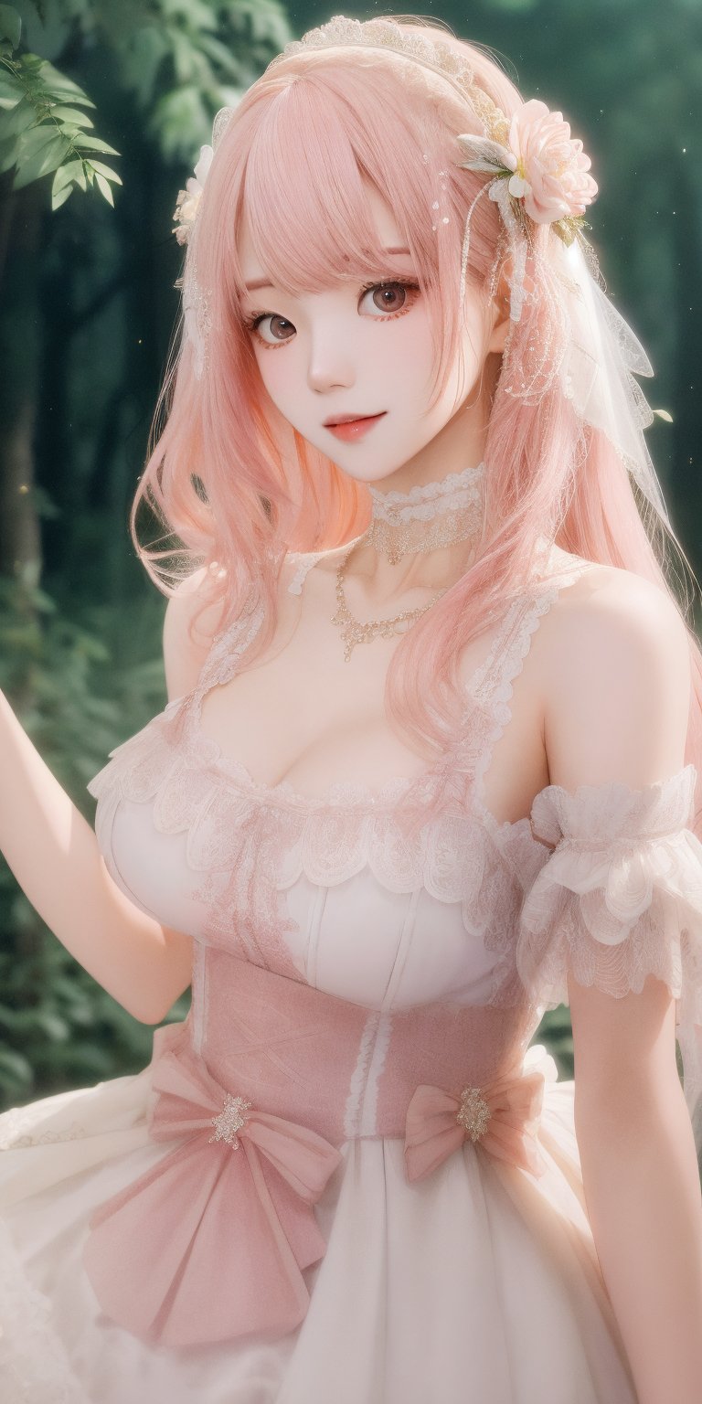 (Masterpiece, Best Quality, Photorealistic, High Resolution, 8K Raw), Smiling, Looking At Viewer, Upper Body, Light, 1 Girl, Solo, Beautiful Young Girl, 18 Years Old, (Long Hair, Pink Hair, Bangs:1.3), Big Breasts, lolita dress, digital painting, fantasy, hidden forest, centered big tree, (glowing crystals), flowers, petal, (night time), Yewon, white dress