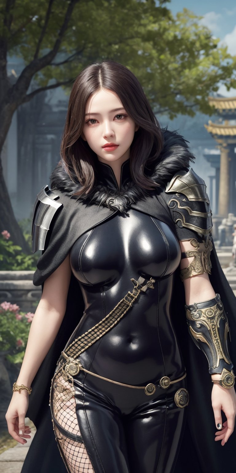 Masterpiece, Best Quality, Photorealistic, High Resolution, 8K Raw), looking at viewer, upper body, 1 girl, solo, long hair, (brown hair), big breasts, Light 
jinsoyun, black bodysuit, black cloak, black feather cloak, one-sided shoulder armor, fishnet, single gauntlet, bracelet, outdoor, trees, flowers, ancient temple background